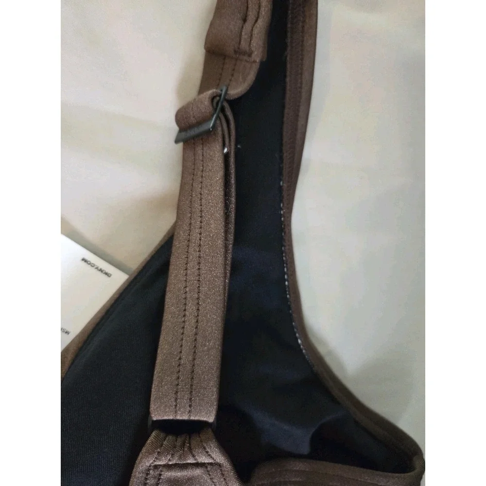 DKNY Mocha Brown Shimmer Twist Front Ruched One-Piece Swimsuit L NWT - Picture 4 of 7